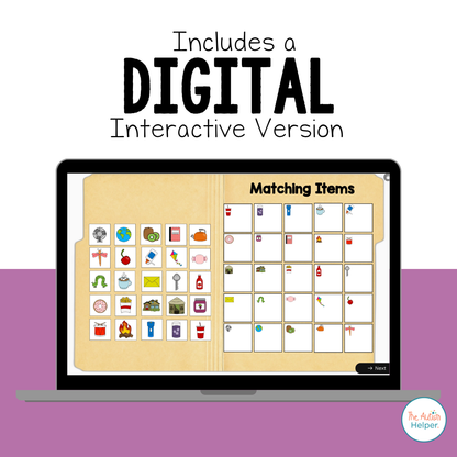 Complex Matching File Folder Activities digital version on a laptop with object cards and a matching grid
