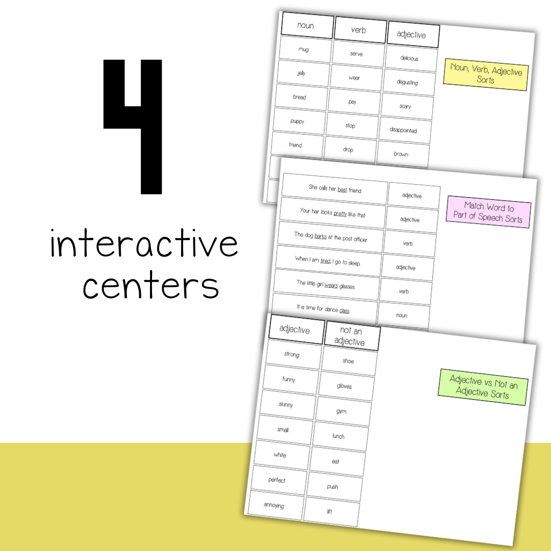 4 Parts of Speech Literacy Centers for Special Education