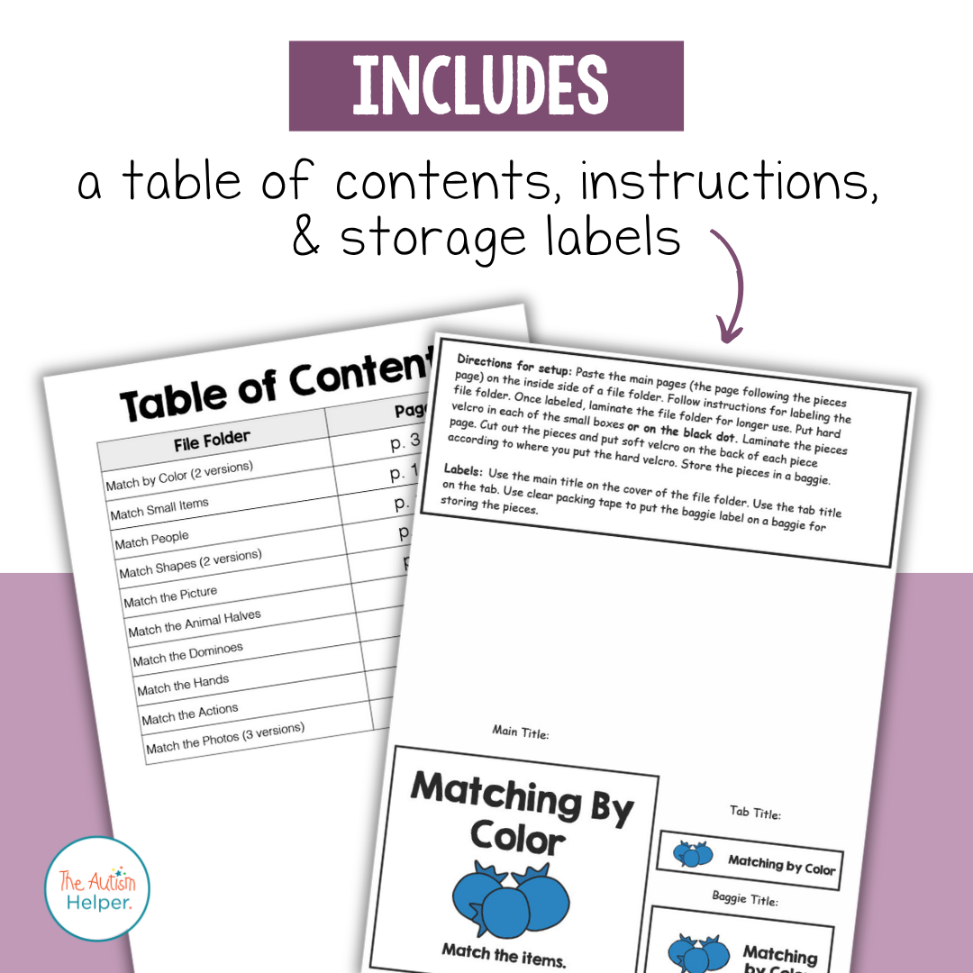 Complex Matching File Folder Activities table of contents, setup instructions, and matching-by-color storage labels