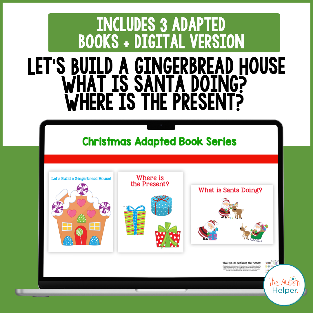 Christmas Adapted Book Series digital preview on a laptop showing gingerbread house, Santa, and present book covers