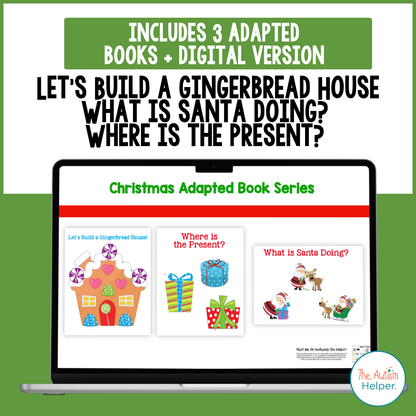 Christmas Adapted Book Series digital preview on a laptop showing gingerbread house, Santa, and present book covers