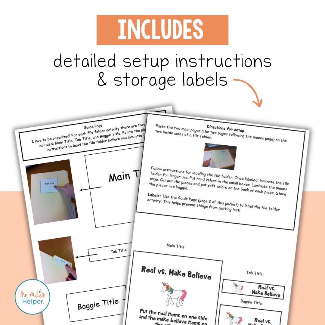 Advanced Sorting File Folder Activities setup instructions and storage labels for real vs. make-believe sorting