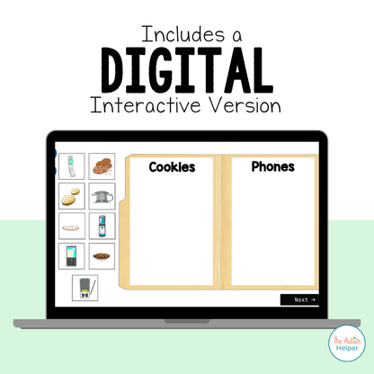 Digital interactive sorting activity showing cookies and phones on a laptop