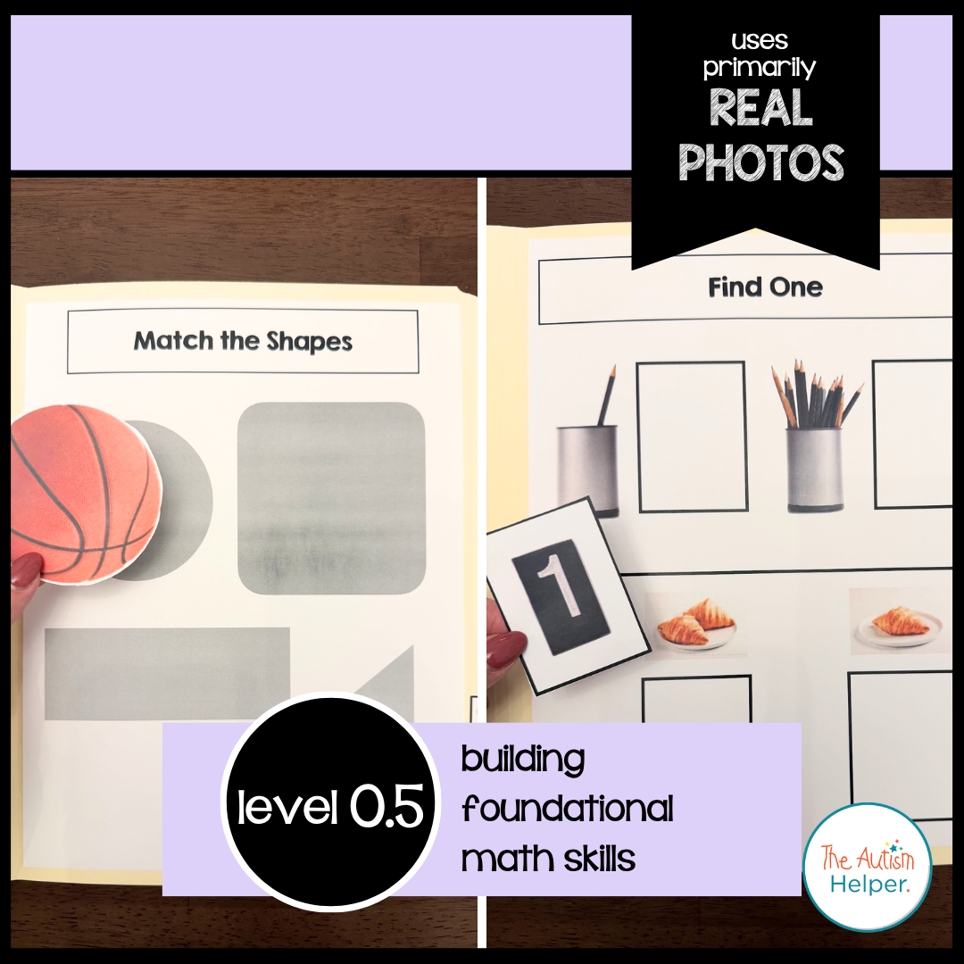 Real-photo shape matching and find-one file folder activities for Level 0.5