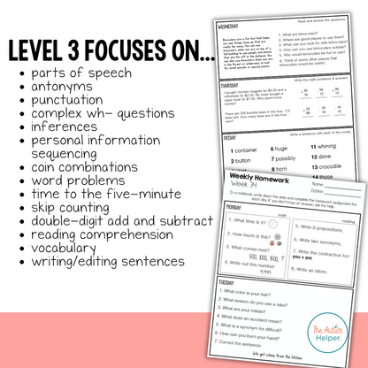 Leveled Homework {Level 3} – The Autism Helper