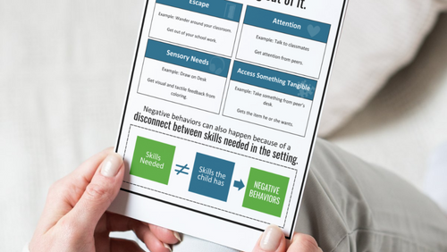 Person holding a tablet with a behavioral chart on a light background