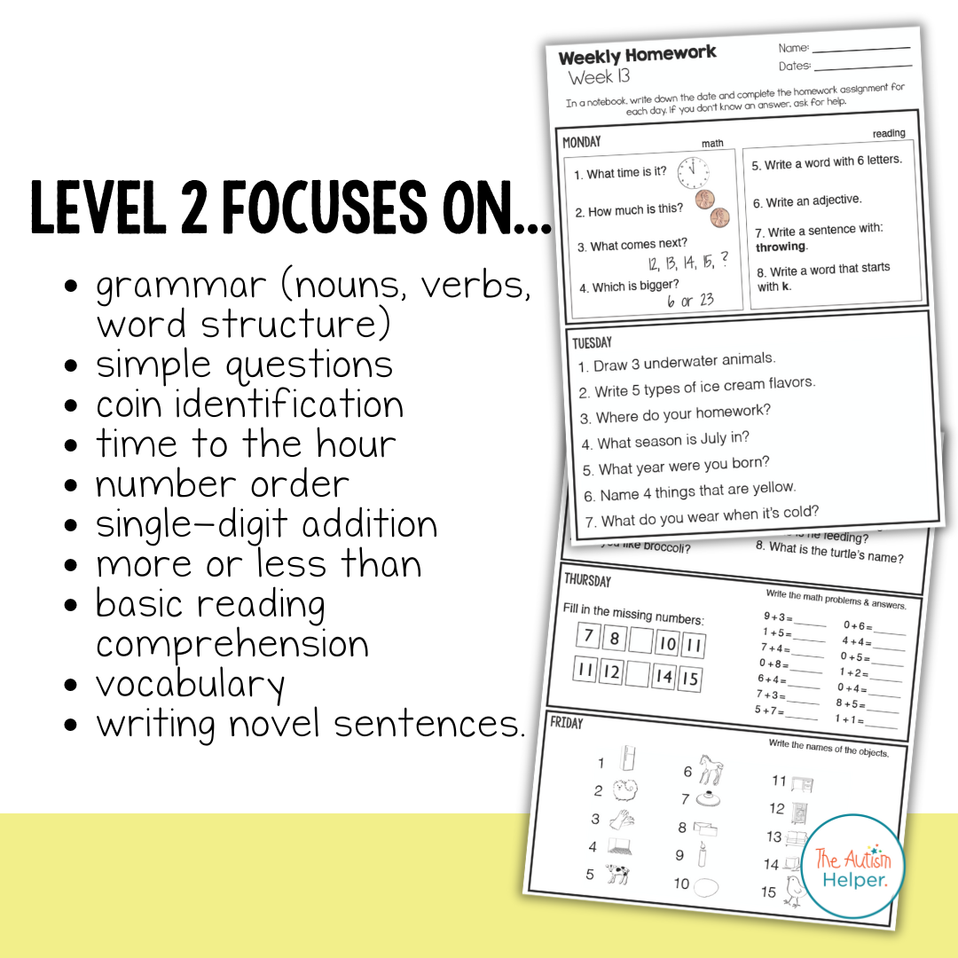 Leveled Homework {Level 2} – The Autism Helper