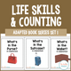 Life Skills and Counting Adapted Book Series Set 1 cover featuring three practical-vocabulary books