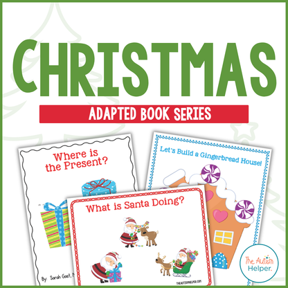 Christmas Adapted Book Series cover with three books featuring a gingerbread house, Santa, and wrapped presents