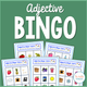 Adjective Bingo: cover with color-adjective boards showing strawberries, pineapples, cameras, and other objects