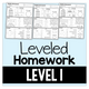 Leveled Homework Level 1: cover with sample weekly homework pages