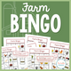 Farm Bingo: cover with farm picture boards and calling cards featuring animals, tools, and buildings