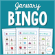 January Bingo: cover with winter picture boards showing mittens, snow boots, a shovel, sled, and snowflakes