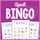 April Bingo: cover with spring picture boards featuring robins, Easter, umbrellas, tulips, and seeds