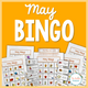 May Bingo: cover with gardening picture boards and calling cards showing flowers, tools, and seeds