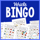 Vehicle Bingo: cover with transportation boards and calling cards showing buses, trucks, cars, and motorcycles