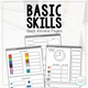Basic Skills Quick Review Pages: cover with color words, coin values, clocks, tallies, and personal information