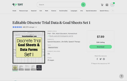 Editable Discrete Trial Data & Goal Sheets Set 1