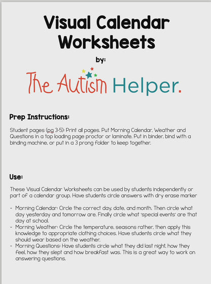 Visual Calendar Worksheets