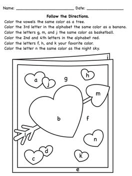 Valentine's Following Directions Coloring Worksheets